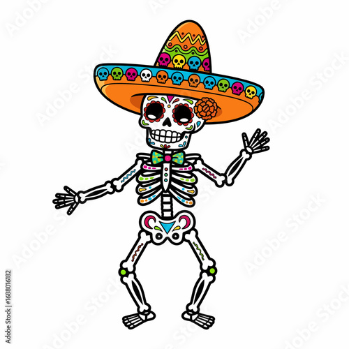 A festive cartoon skeleton with sugar skull makeup and a colorful sombrero, dancing for the Dia de los Muertos celebration.