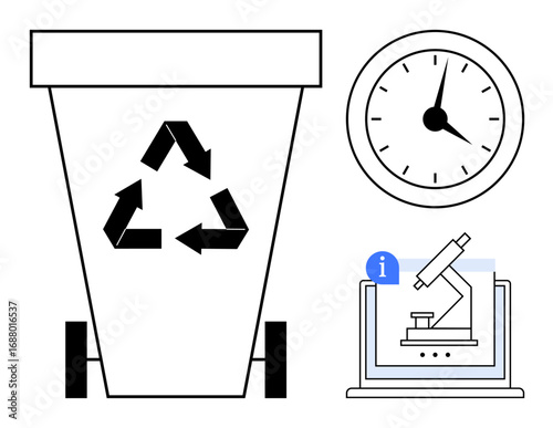 Recycling bin with reuse arrows, wall clock, and laptop screen with a microscope representing research. Ideal for science, time management, sustainability, waste reduction, education, recycling