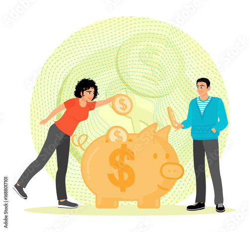 Financial Literacy Concept. Couple Saving Money Together with a Large Piggy Bank.