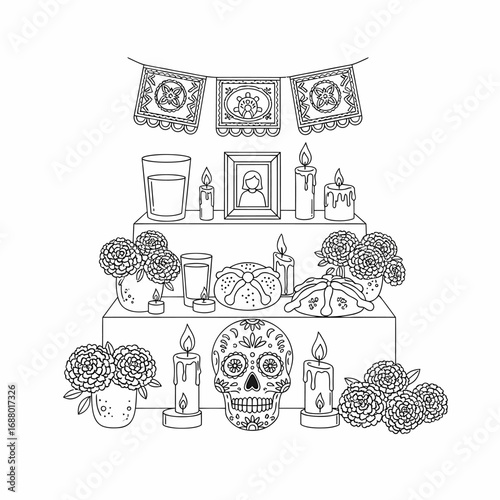 A stylized, black and white illustration of an altar for the Day of the Dead, featuring traditional offerings.