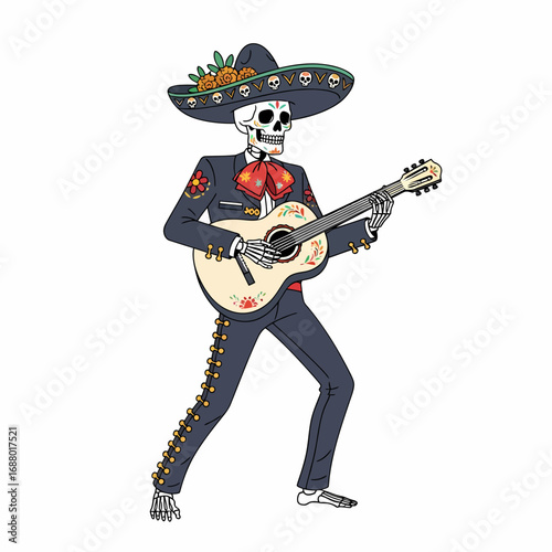A skeleton mariachi serenades, playing a decorated guitar in traditional attire.