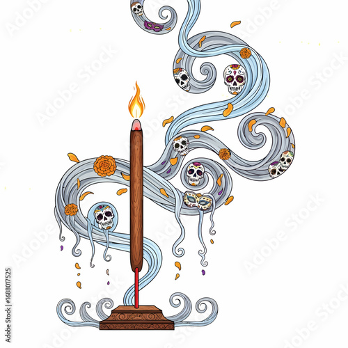 Incense stick burning, swirling smoke with sugar skulls and marigolds, Day of the Dead imagery.