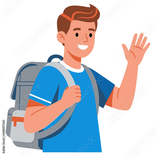 Friendly Student with Backpack Waving Hello.