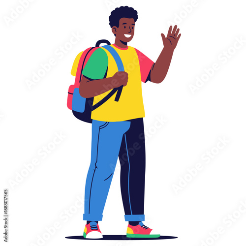Friendly Student with Colorful Backpack and Sneakers.