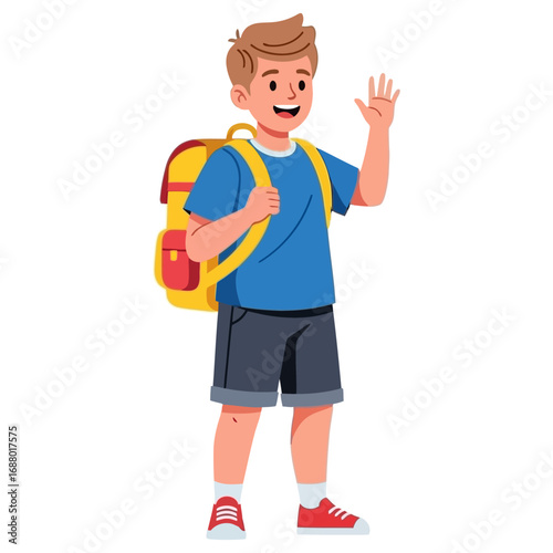 Happy Boy with Backpack Waving Hello.