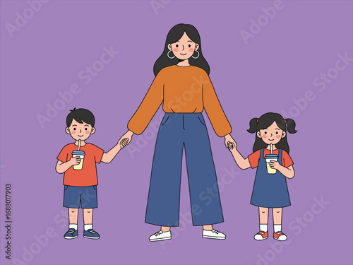 cute happy kids with mom drink milk