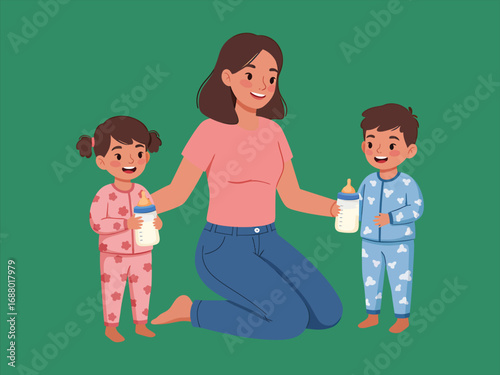 Cute happy kids with mom drink milk together