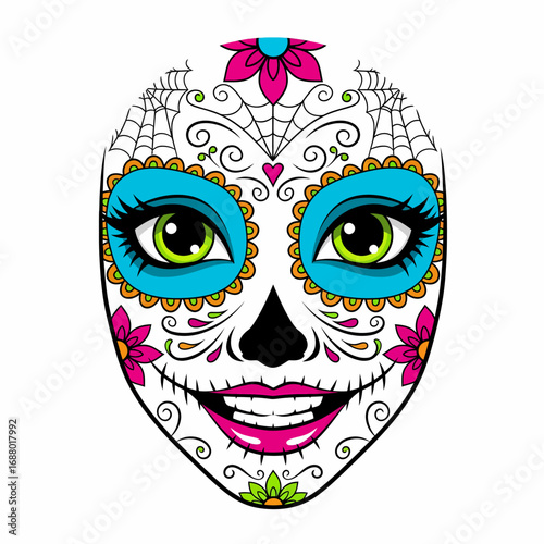 A vibrant illustration of a female sugar skull mask with colorful floral and spiderweb designs.