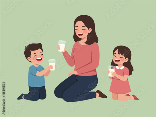 Cute happy kids with mom drink milk - family time
