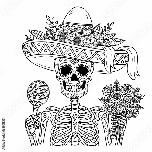 A decorated skeleton wearing a floral sombrero, holding a maraca and a bouquet of flowers, rendered in a black and white line art style.