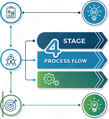 4 Stage Process Flow Infographic with Business Icons and Workflow Arrows