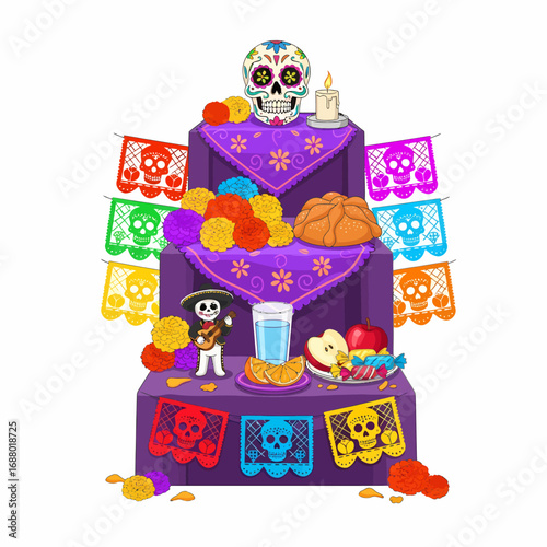 A vibrant illustration of a Day of the Dead altar, showcasing traditional elements.