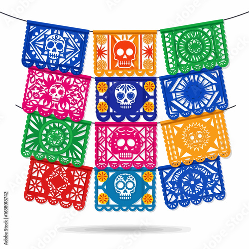 Colorful papel picado banners with intricate skull designs, strung on a line.