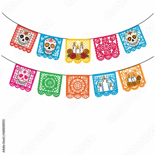 Colorful papel picado banners featuring sugar skull designs, perfect for Dia de los Muertos celebrations.
