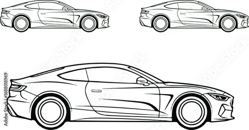 I see you’ve uploaded an image of **car outline drawings**.

The picture shows three black-and-white line art sketches of the same car model (a sporty coupe) from the **side view**.

