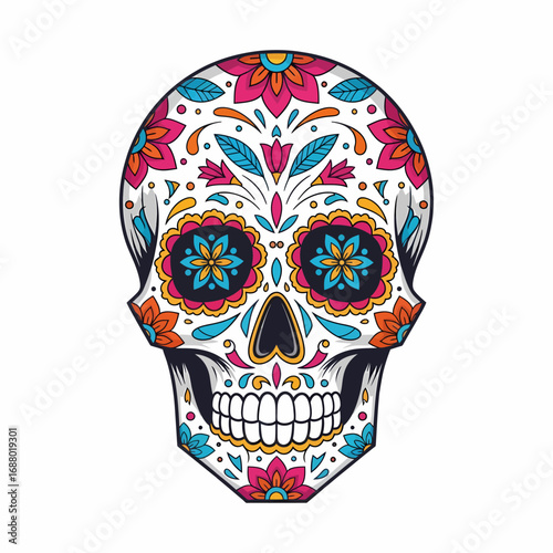A colorful and ornate Calavera sugar skull with intricate floral patterns for the Mexican Day of the Dead celebration.
