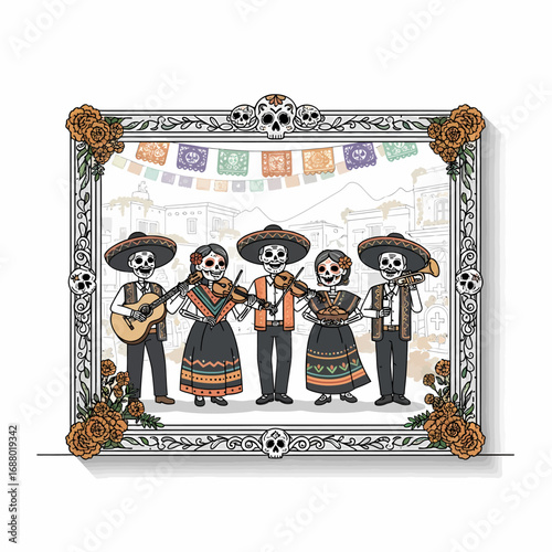 A festive illustration of a skeleton mariachi band playing music within an ornate, skull-adorned frame for Día de los Muertos.