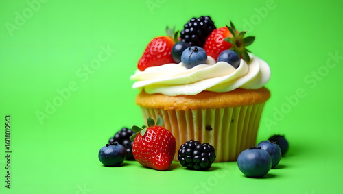 A close up of a cupcake with white frosting and berries on top against a green background
