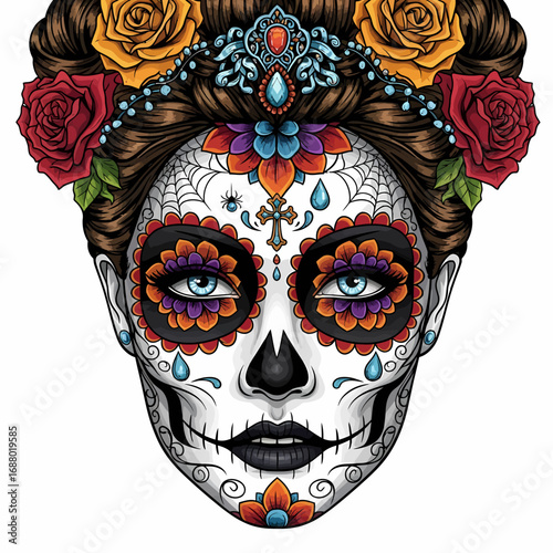 A Calavera Catrina with vibrant floral headdress and intricate sugar skull makeup.