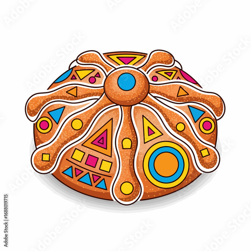 A colorful cartoon illustration of Pan de Muerto, the traditional Mexican Day of the Dead bread, decorated with vibrant geometric patterns.