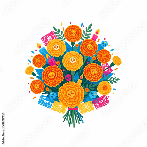A vibrant Dia de los Muertos bouquet with cempasúchil marigolds, sugar skulls, candles, and papel picado.