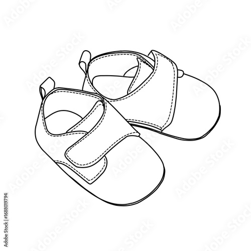 A simple outline sketch of a pair of infant booties. This minimalist black and white drawing features soft shoes with a single strap closure, isolated on a white background.