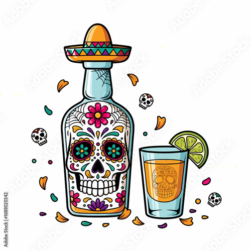 Illustration of a tequila bottle decorated with a sugar skull design and a sombrero, next to a shot glass with lime, surrounded by flower petals.