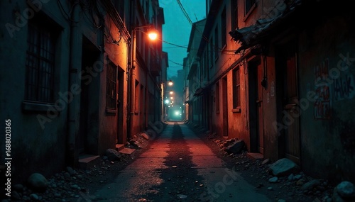Grimy urban alleyway at night, illuminated by flickering streetlights; a scene of potential conflict and desperation , gritty, abandoned, action