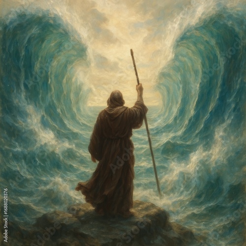 Epic moment of Moses parting towering walls of water under stormy dawn sky conveying faith deliverance courage and the drama of biblical history