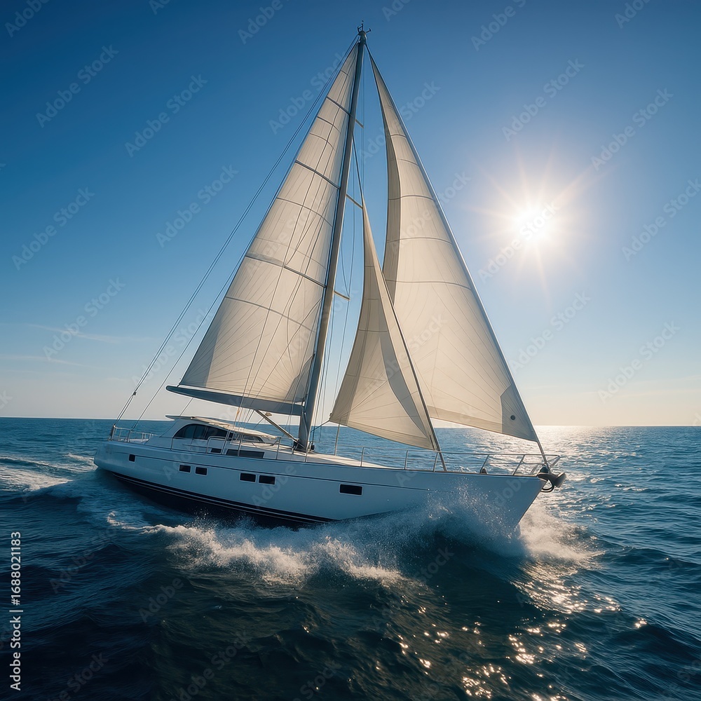 Fototapeta premium Luxury sailboat cutting through sparkling blue water under radiant sun evoking freedom wellness and premium travel lifestyle with timeless maritime elegance