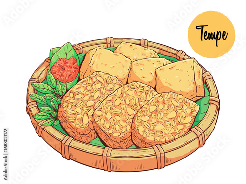 Tempeh, Tofu, and Vegetables on Woven Bamboo Plate – Hand-Drawn Food Illustration