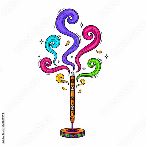 Colorful swirling smoke emanating from a decorated incense stick on a circular base.