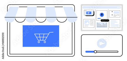 Storefront with awning and shopping cart icon, analytics dashboard with data charts, and media player control. Ideal for e-commerce, marketing strategy, analytics, web development, online education