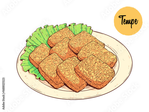 Indonesian food Tempe on the plate. Hand drawing fermented soybeans