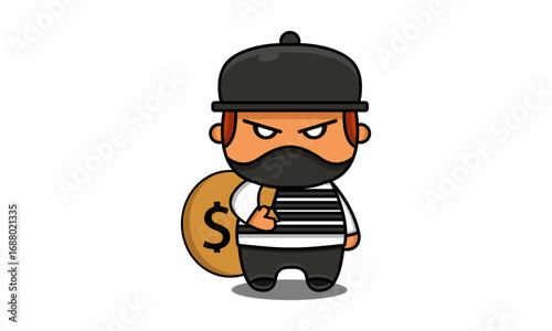 Cartoon Thief Character with Money Bag and Mask