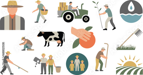 Agriculture Icons Farmers Planting, Harvesting, Tractor, Cow, Family, Water Drop, and Sunrise Art