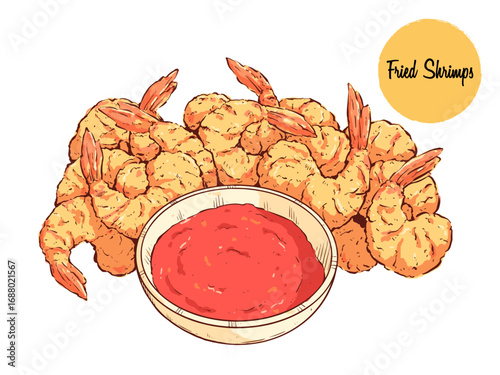 Fried Shrimps or tempura japanese food. hand draw seafood, asian cuisine vector illustration