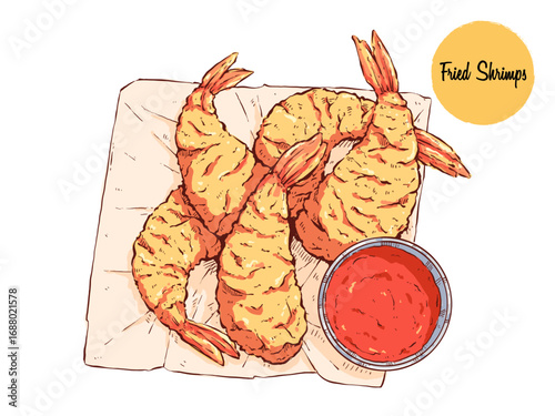 Fried Shrimps or tempura japanese food. hand draw seafood, asian cuisine vector illustration