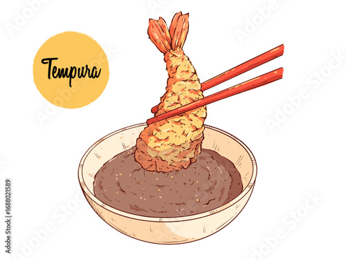 tasty tempura, japanese seafood with hand drawn vector illustration