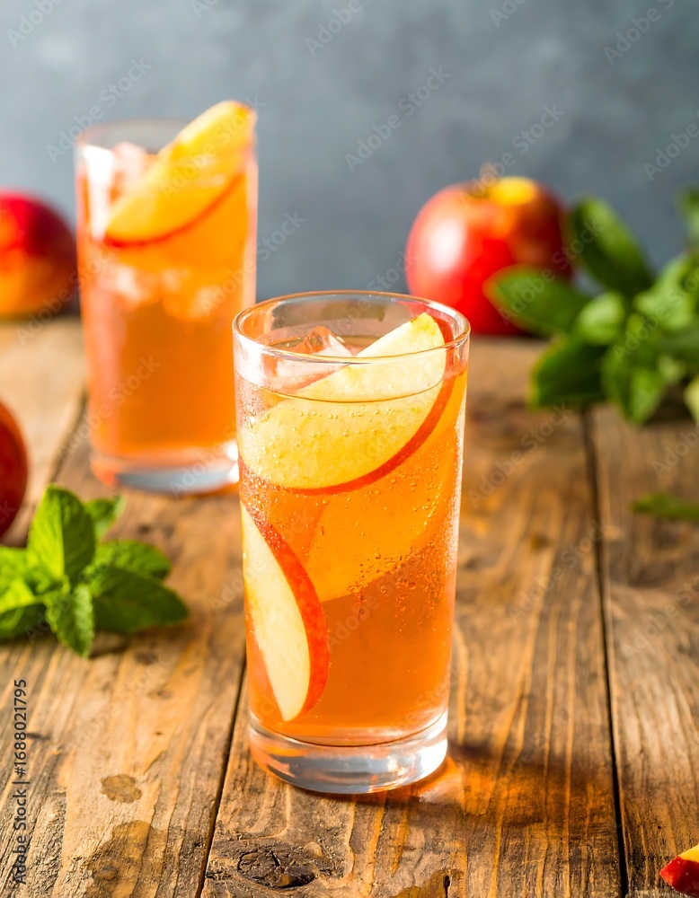 Fototapeta premium Refreshing apple drinks on a wooden table
