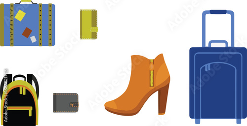  see you’ve uploaded an image of **travel and fashion accessory illustrations**. ✈️🎒👢

This design includes:

* A **blue suitcase with stickers** (classic travel luggage)
* A **blue rolling suitcase