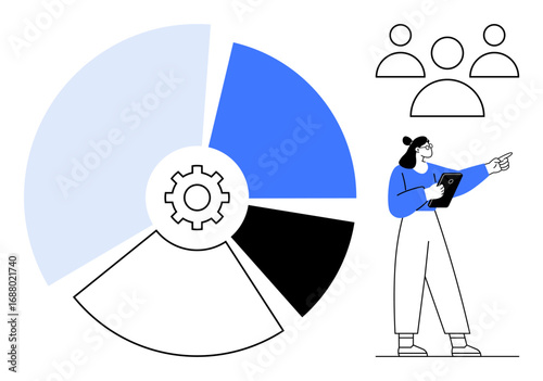 Pie chart with gear in the center, team icons, and female presenter with tablet pointing. Ideal for teamwork, data analysis, project planning, collaboration, leadership, decision-making simple