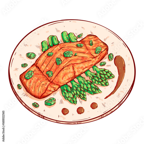tasty salmon teriyaki with asparagus. hand drawn lunch food