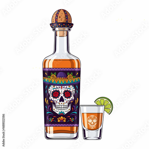 A bottle of Mexican tequila with a colorful Dia de los Muertos sugar skull label, alongside a shot glass and lime.
