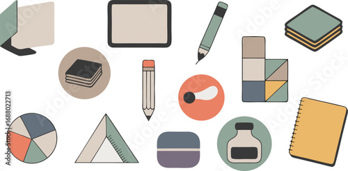 Artistic Arrangement of Icons Featuring Notebooks, Pencils, Monitor, Charts and Ink Bottle on a White Background