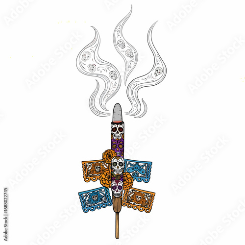 A vibrant, hand-drawn illustration of a decorated candle with skull motifs, surrounded by colorful papel picado banners, emitting smoky wisps that also contain skull shapes.