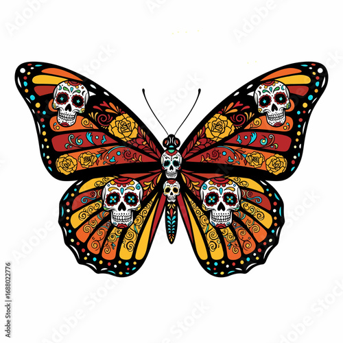 A vibrant illustration of a butterfly featuring sugar skull designs and floral patterns.
