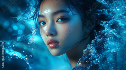 Futuristic Glass and Water Molecular Designs: A Conceptual Exploration of Advanced Skincare and Cosmetic Innovation, Blending Organic Patterns, Bioluminescence, and Minimalist 3D Aesthetics