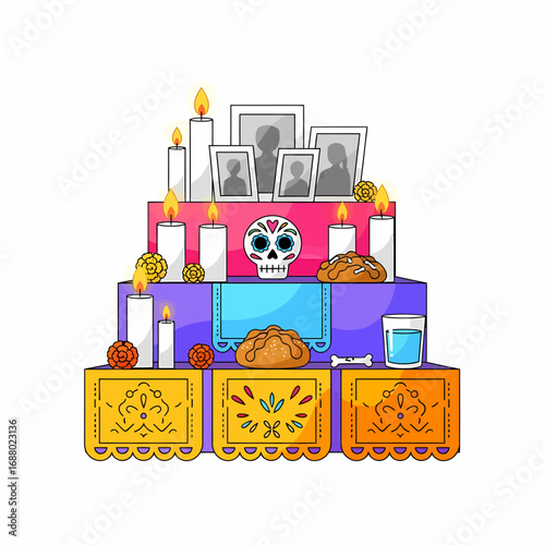 A multi-tiered Day of the Dead altar decorated with candles, family photos, sugar skull, pan de muerto, and papel picado banners.