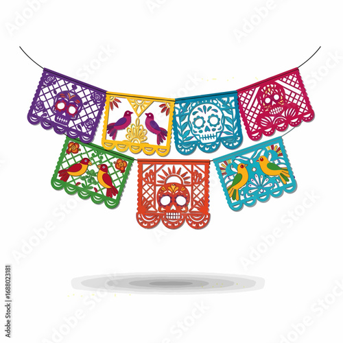 Colorful papel picado banners, featuring intricate designs of skulls and birds, hang in a festive display.